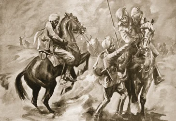 Risaldar Faiz Muhammad Khan y un Sowar rescatando a dos sepoys heridos